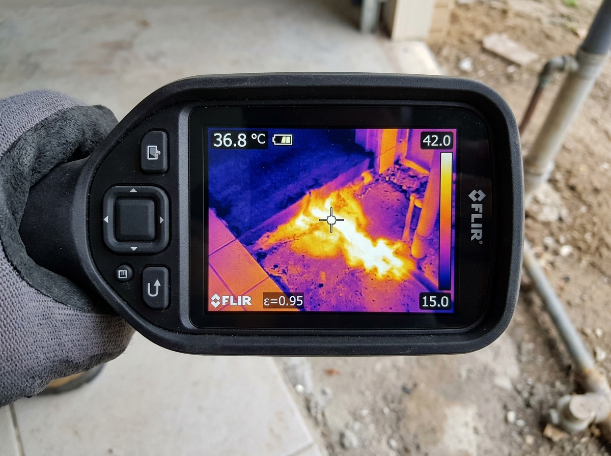 Thermal imaging locating hot water line leak under slab in Tracy CA